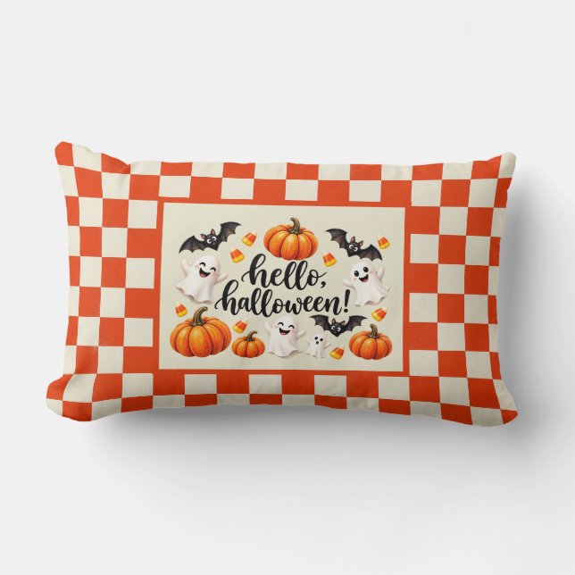 Hej Halloween Spöken Fladdermöss Pumpa Rutig Fläta Lumbarkudde (Framsida)