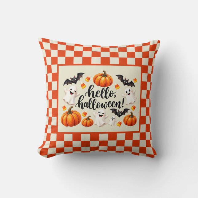 Hej Halloween Spöken Fladdermöss Pumpa Rutig Kudde (Framsida)
