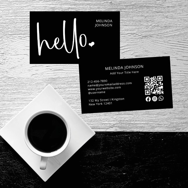 Hej Heart Black Script QR Code Social Media Visitkort (Skapare uppladdad)