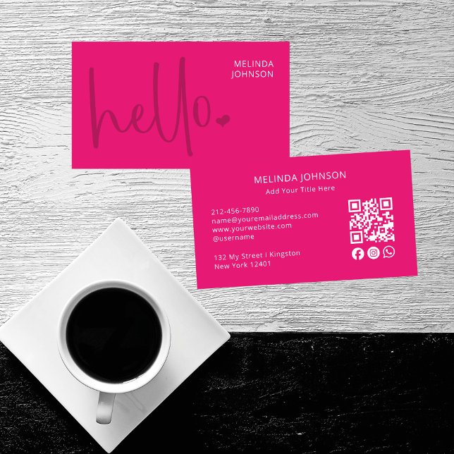 Hej Heart Shock rosa-skript QR-kod Social Media Visitkort (Skapare uppladdad)