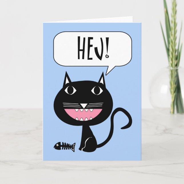 Hej! Hej Card på svenska, svart katt med fisk Kort (Framsida)