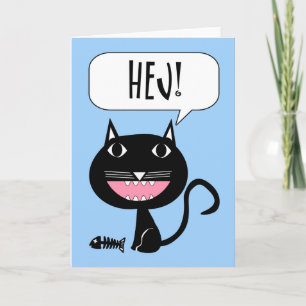 Hej! Hej Card på svenska, svart katt med fisk Kort