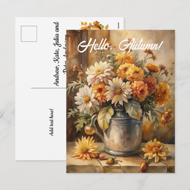 Hej, höst - Bucket med blommor Helg Vykort (Fram/baksida)