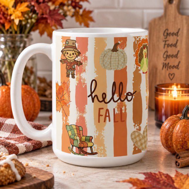 Hej Höst Rustik Lappverk Orange Blad Ränder Kaffemugg (Skapare uppladdad)