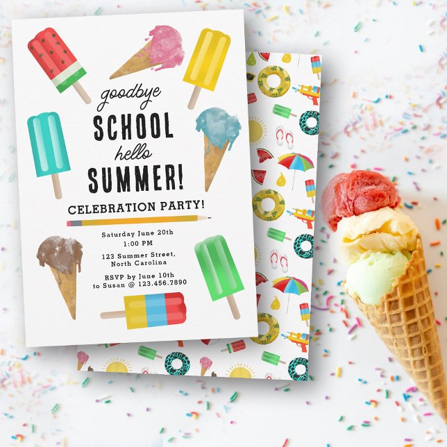 Hej Ice Cream Sommaren Party Inbjudningar (End of School Goodbye Hello Ice Cream Summer Party Invitation)