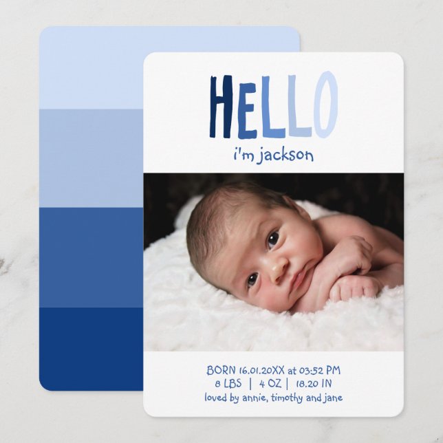 HEJ jag är Baby Namn Photo Blue Palette Newborn Bo Meddelande (Fram/baksida)