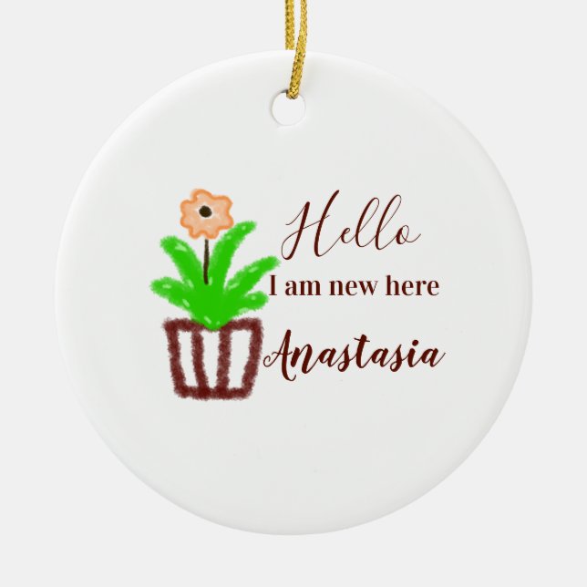 Hej jag är ny här, babyduschbarn blommigt löv p julgransprydnad keramik (Framsidan)