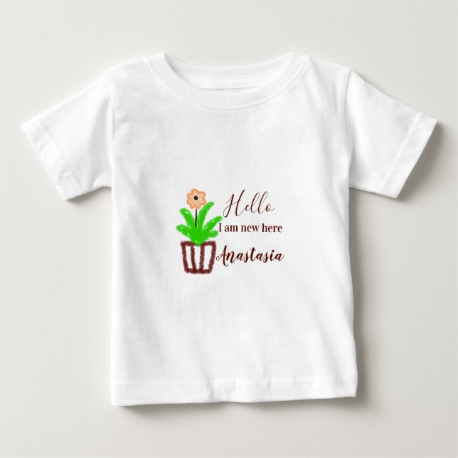 Hej jag är ny här, babyduschbarn blommigt löv p t shirt (Framsida)