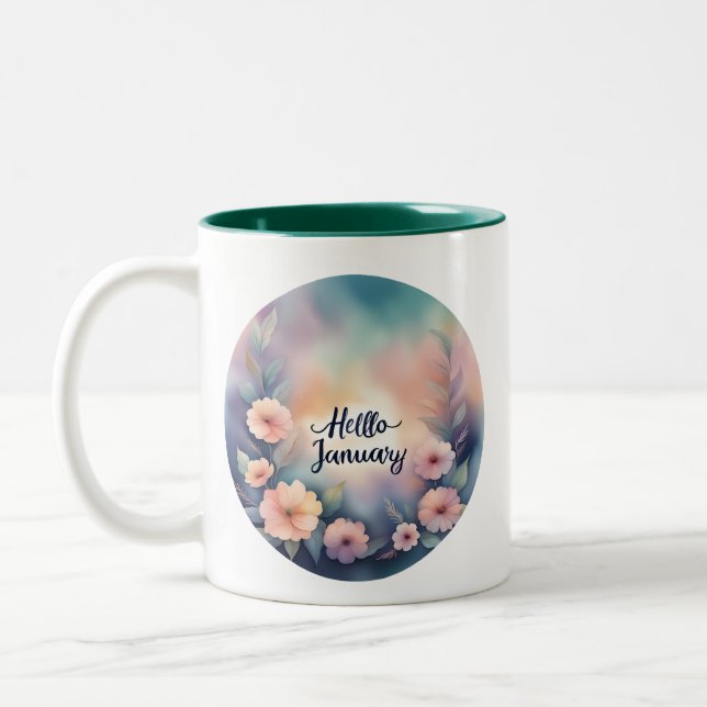 Hej Januari Rosa Flowers Två-Tonad Mugg (Vänster)