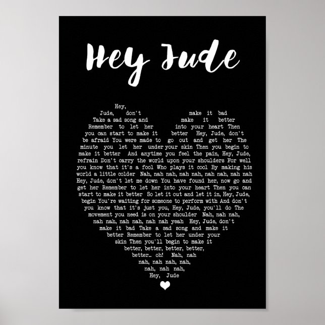 Hej Jude Black Heart Wall Art Sång Lyric Skriv ut Poster (Framsidan)
