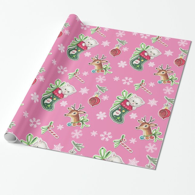Hej Kitten Jul Wrapping Papper i Rosa Presentpapper (Utrullad)
