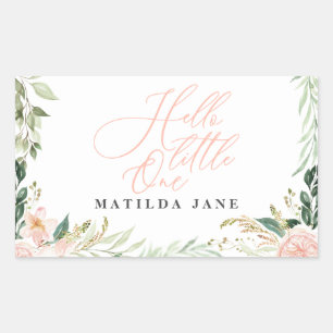Hej liten ett födelsebesked blommigt rektangulärt klistermärke
