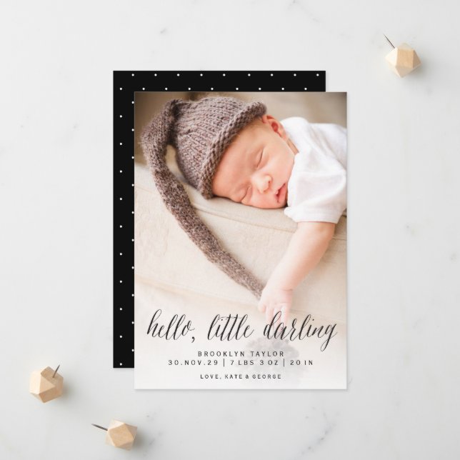 Hej Little Darling Minimalist Photo Design Birth Meddelande (Fram/Back In Situ)