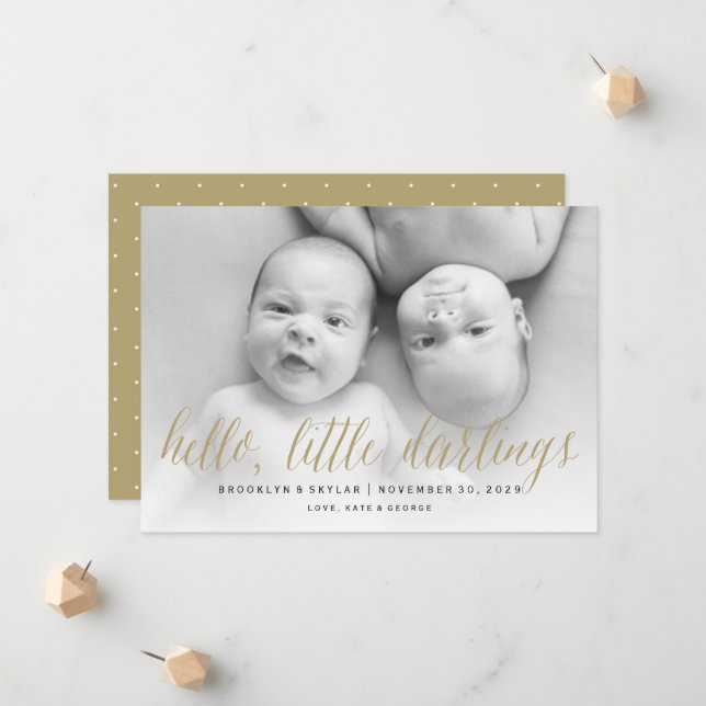 Hej Little Darlings Guld Script Twin Photo Birth Meddelande (Fram/Back In Situ)
