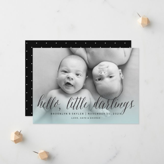 Hej Little Darlings Twin Boys Modern Photo Birth Meddelande (Fram/Back In Situ)