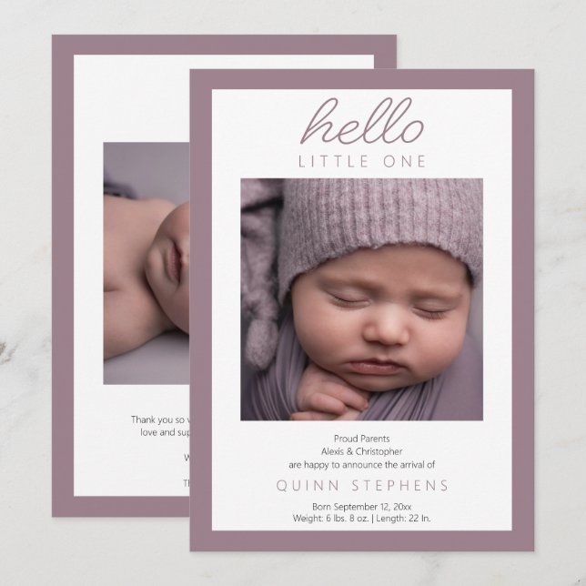 Hej Little One - 2 Photo Baby Lavender Birth Meddelande (Fram/baksida)
