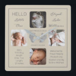 Hej Little One Baby Four Photo Square Wall Clock Fyrkantig Klocka<br><div class="desc">Skapa en keepsaké som du kan sköta under en livstid med den här "Hej Little One"-fotodesignen med din baby namn, födelsestatistik, föräldrar och syskon namn. I mitten finns två mallar linjer för ditt personliga meddelande eller så kan du använda vårt. Det här meddelandet visas överst och grund i ditt barns...</div>