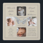 Hej Little One Baby Four Photo Square Wall Clock Fyrkantig Klocka<br><div class="desc">Skapa en keepsaké som du kan sköta under en livstid med den här "Hej Little One"-fotodesignen med din baby namn, födelsestatistik, föräldrar och syskon namn. I mitten finns två mallar linjer för ditt personliga meddelande eller så kan du använda vårt. Det här meddelandet visas överst och grund i ditt barns...</div>