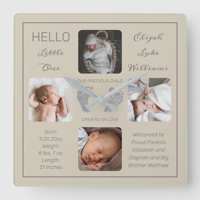 Hej Little One Baby Four Photo Square Wall Clock Fyrkantig Klocka (Framsida)