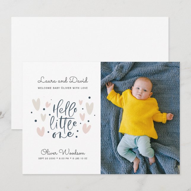 Hej Little One Blue Pojke Photo Birth Announc Meddelande (Fram/baksida)