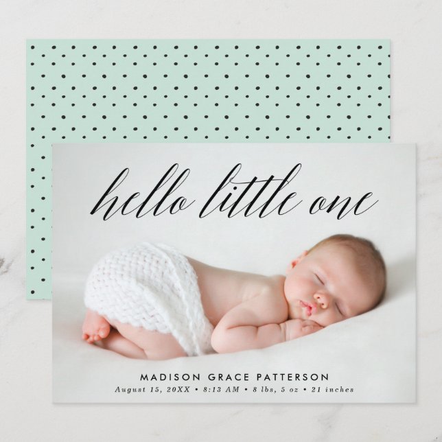 Hej Little One Mint Photo Birth Meddelande (Fram/baksida)