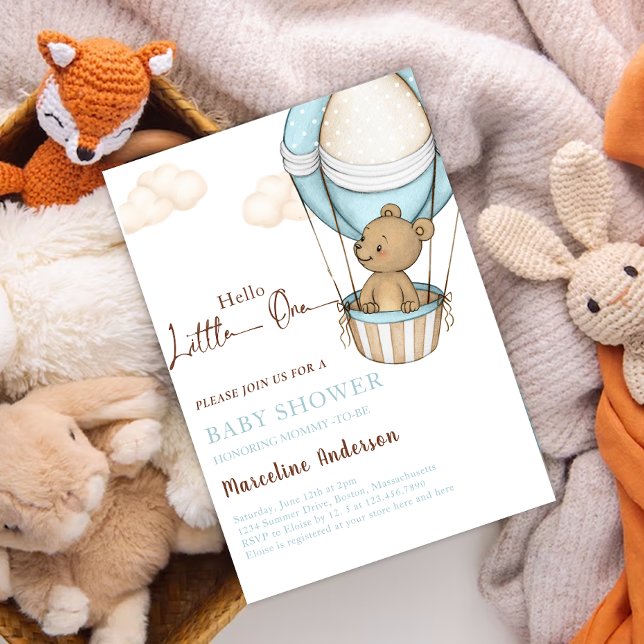 Hej Little One, Nalle Balloon Baby Shower Inbjudningar (Hello little one teddy bear in air balloon card)