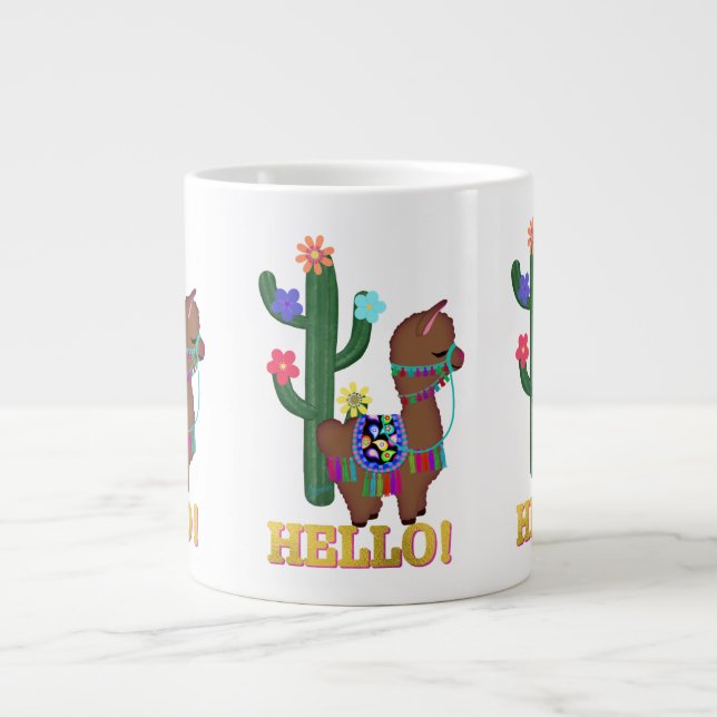 Hej Llama! | Cute Ansikte Brown Llama Jumbo Mugg (Framsidan)