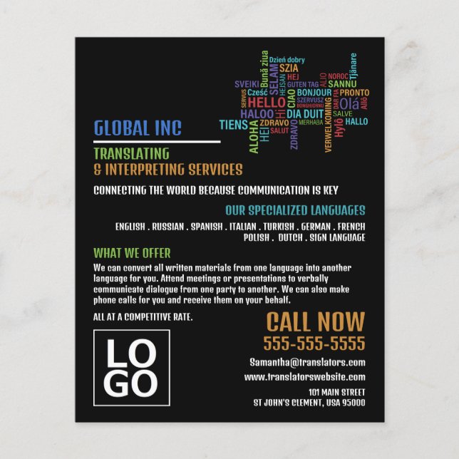 Hej Logotyp, översättare och tolk Flygblad (Framsidan)