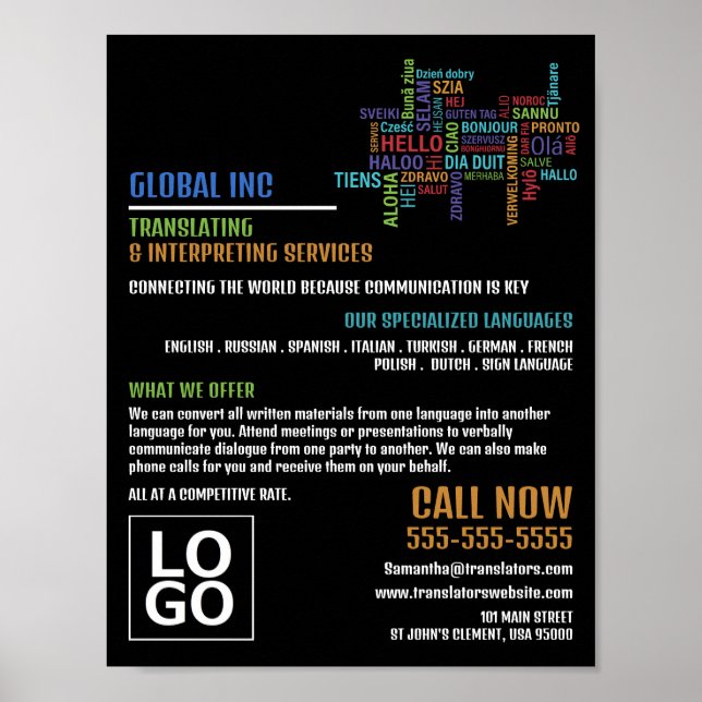 Hej Logotyp, översättare och tolk Poster (Framsidan)