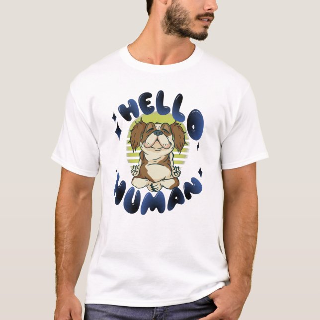Hej människa Mediterande yogahund T Shirt (Framsida)