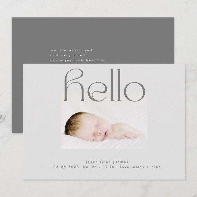 hej-manuset modern grått enkel minimalistisk födse meddelande (Fram/baksida)