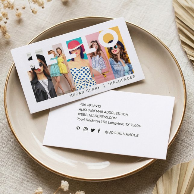 Hej med modern och minimal 5-fotolayout visitkort (Fun Modern Minimal Social Media Influencer Photo Business Card)