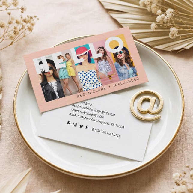 Hej med modern och minimal 5-fotolayoutpersika visitkort (Fun Modern Minimal Social Media Influencer Photo Business Card)