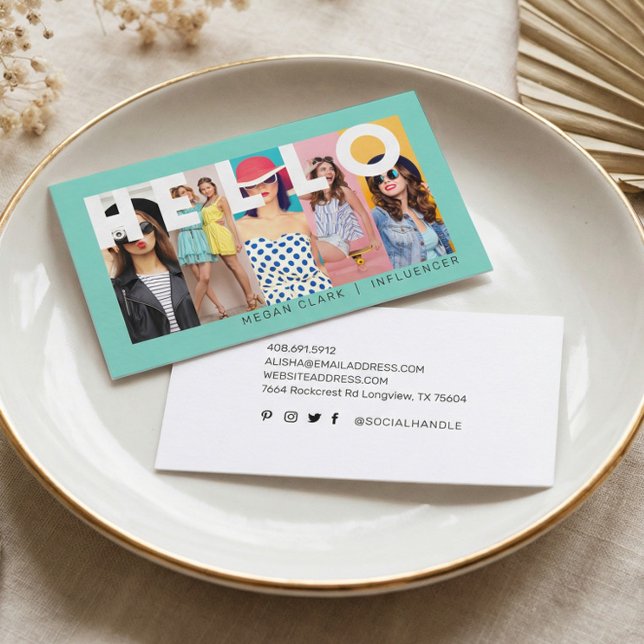 Hej med modern och minimal 5-fotolayoutskalning visitkort (Fun Modern Minimal Social Media Influencer Photo B Business Card)