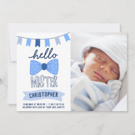 Hej Mister Blue Bow Tie Photo Boy Birth Meddelande