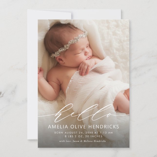 Hej Modern Calligraphy Birth Notice Inbjudningar (Framsida)