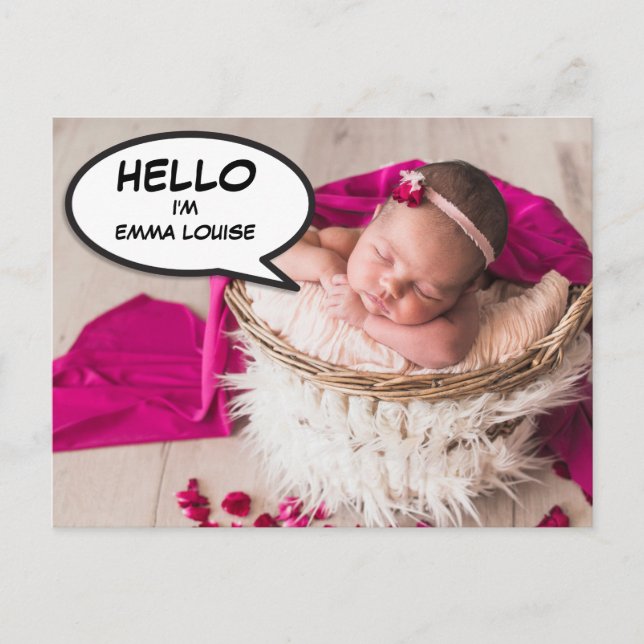 Hej Modern Photo Flicka Birth Notice Meddelande Vykort (Framsida)