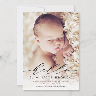 Hej Modern Script Birth-meddelande Inbjudningar