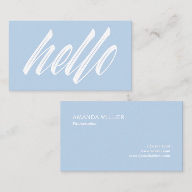 Hej Modern White Script på Light Blue Visitkort (Fram/baksida)