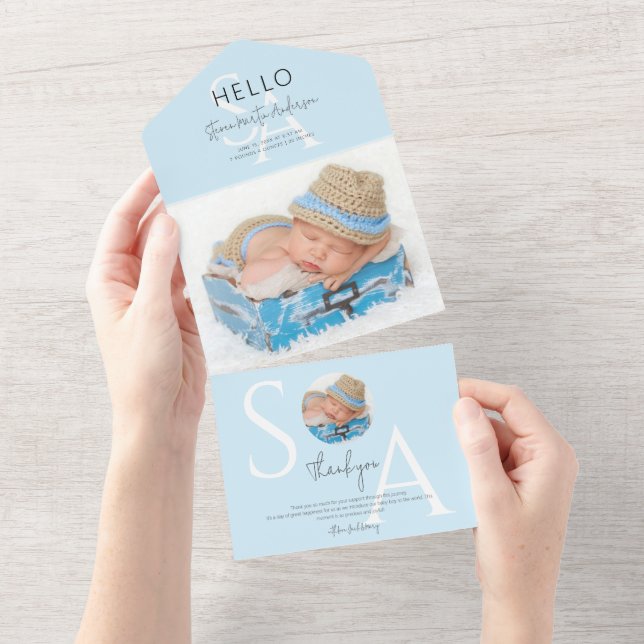 Hej Monogram Photo Boy Birth-meddelande (Avrivbar del)