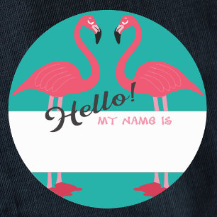 Hej namn bricka med rosa flamingo och teal runt klistermärke
