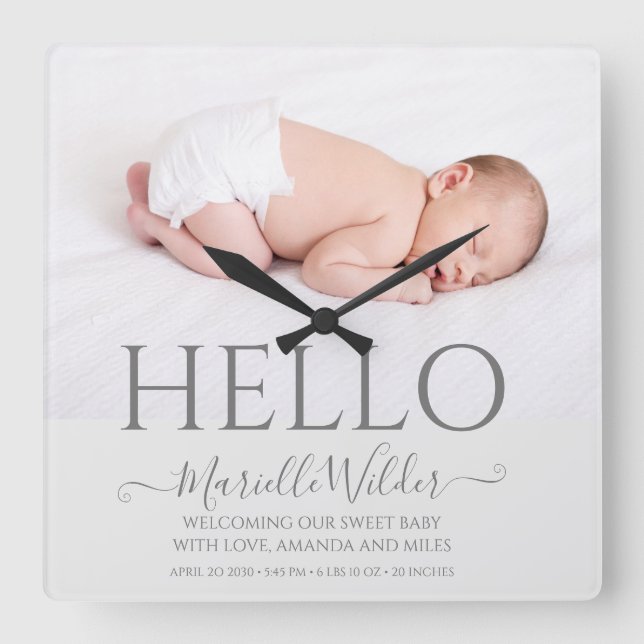 Hej Newborn Baby Photo Birth Fyrkantig Klocka (Framsida)