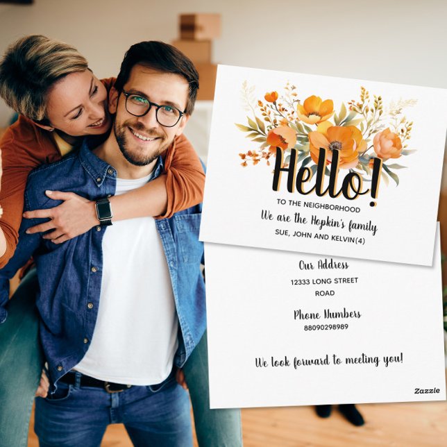 Hej nya grannar Orange blommig ankomsthälsning Vykort (Skapare uppladdad)