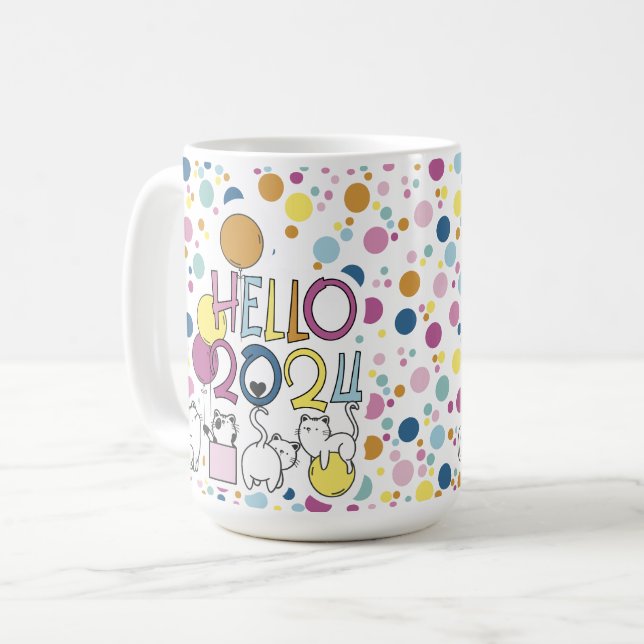 Hej Nyår 2024 Med Spelande Katter Kaffemugg (Framsida vänster)