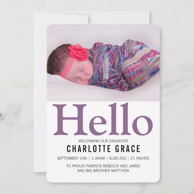 Hej Nyfödd bebis Lila Personlig Meddelande (Framsida)