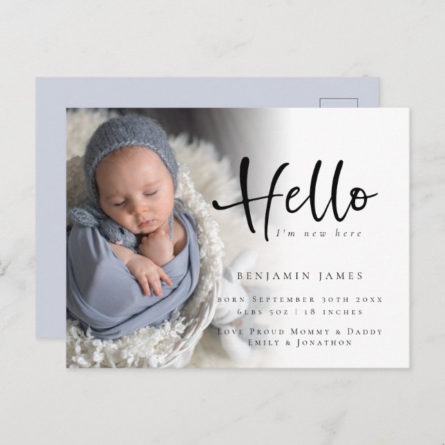 Hej Nyfödd bebis Photo Blue Birth Notice Vykort (Fram/baksida)