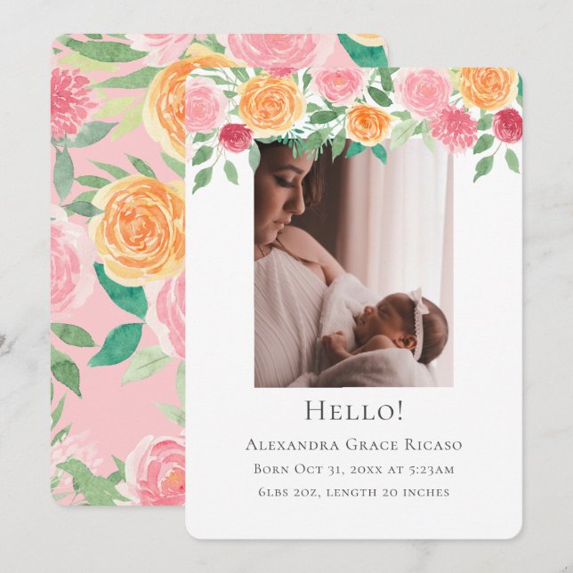 Hej Nyfödd bebis Photo Personlig Rosa Flowers Inbjudningar (Fram/baksida)