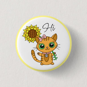 Hej och Hugs   Cute Cat med solros Knapp
