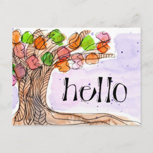 Hej och Tack - Roligt Leafy Träd Watercolor Vykort
