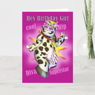 Hej på Birthday Girl, sött Cow PosCard Kort